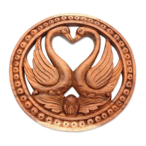 Swan Romance Swan-Themed Suar Wood Relief Panel from Bali For Cheap