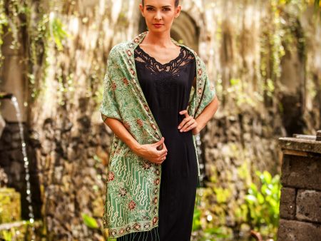 Forest Waves in Moss Green Batik Silk Shawl with Moss Green Floral Motifs from Bali Online Sale