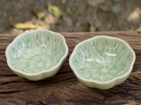 Lotus Leaf Green Leaf Thai Celadon Canape Dish Pair For Cheap