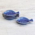 Festive Fish Fish-Shaped Blue Ceramic Appetizer Bowls (Set of 4) For Sale