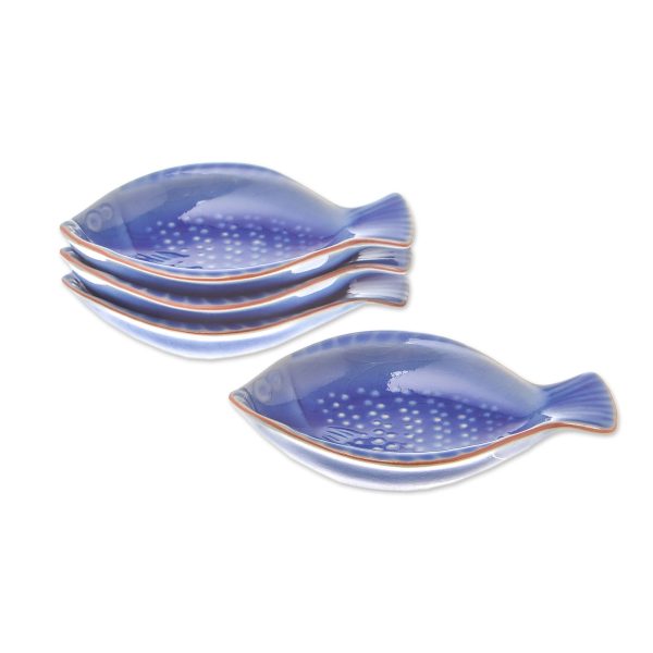 Festive Fish Fish-Shaped Blue Ceramic Appetizer Bowls (Set of 4) For Sale