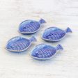 Festive Fish Fish-Shaped Blue Ceramic Appetizer Bowls (Set of 4) For Sale