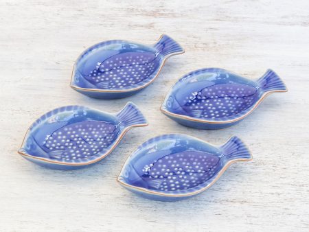 Festive Fish Fish-Shaped Blue Ceramic Appetizer Bowls (Set of 4) For Sale