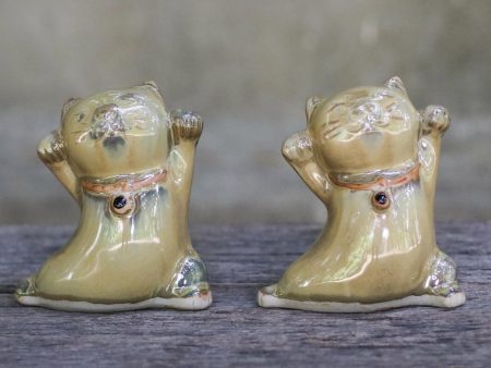 Playful Good Luck Cats 2 Yellow Ceramic Lucky Cat Figurines Crafted in Thailand Sale