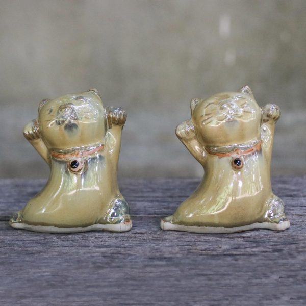 Playful Good Luck Cats 2 Yellow Ceramic Lucky Cat Figurines Crafted in Thailand Sale