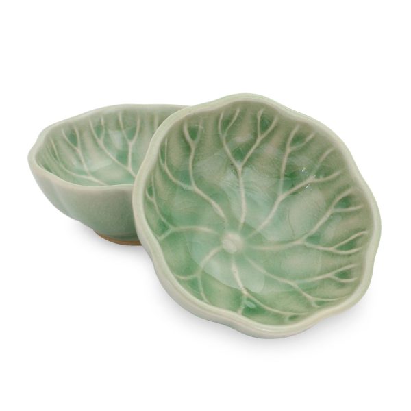 Lotus Leaf Green Leaf Thai Celadon Canape Dish Pair For Cheap