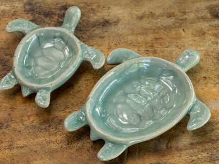 Aqua Thai Turtles Handcrafted Celadon Ceramic Bowls from Thailand (pair) Cheap