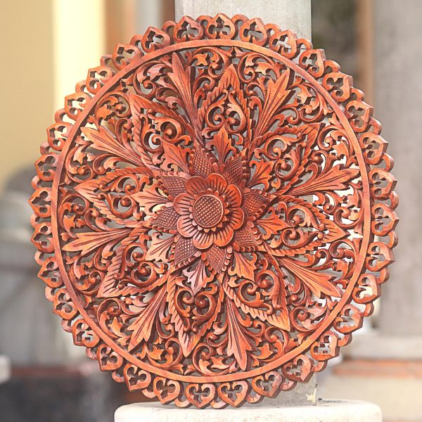 Gallant Flower Hand Carved Flower Motif Suar Wood Wall Relief Panel Online now