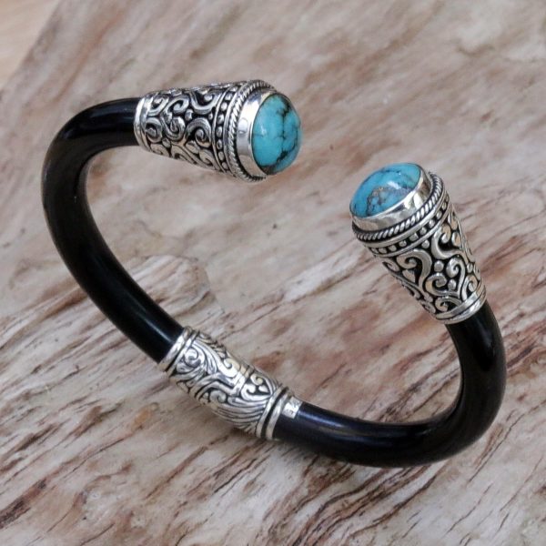 Beauty of Bali Sterling Silver and Natural Turquoise Balinese Cuff Bracelet Hot on Sale