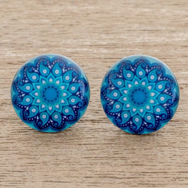 Blue Rivers Resin and Paper Stud Earrings in Blue from Costa Rica For Discount