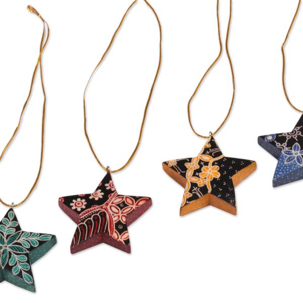 Bali Stars Four Batik Wood Star Ornaments by Balinese Artisans on Sale