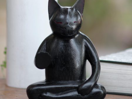 Black Cat Meditates Wood Statuette of Black Cat Meditating Discount