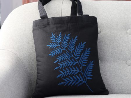 Beautiful Frond in Blue Frond Motif Cotton Shoulder Bag in Blue and Black from India For Sale