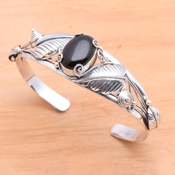 Black Lily Floral Onyx Sterling Silver Cuff Bracelet For Cheap