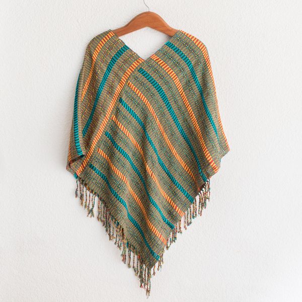 Beach Stripes Handwoven Striped Cotton Poncho from Guatemala Online now