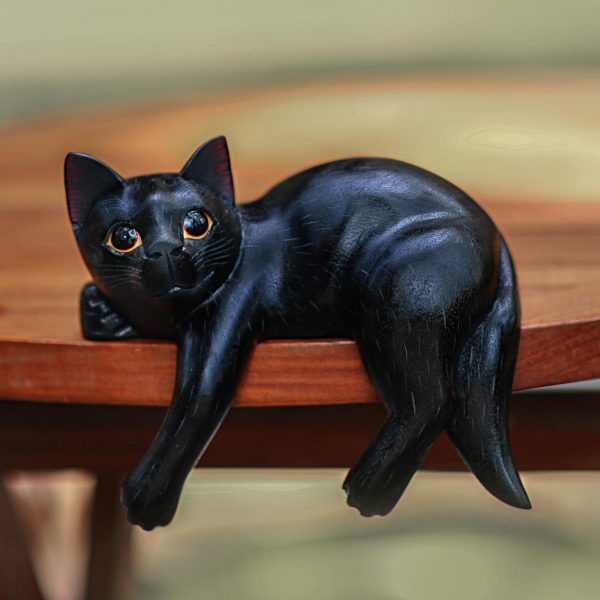 Black Cat Relaxes Signed Balinese Black Cat Sculpture For Sale