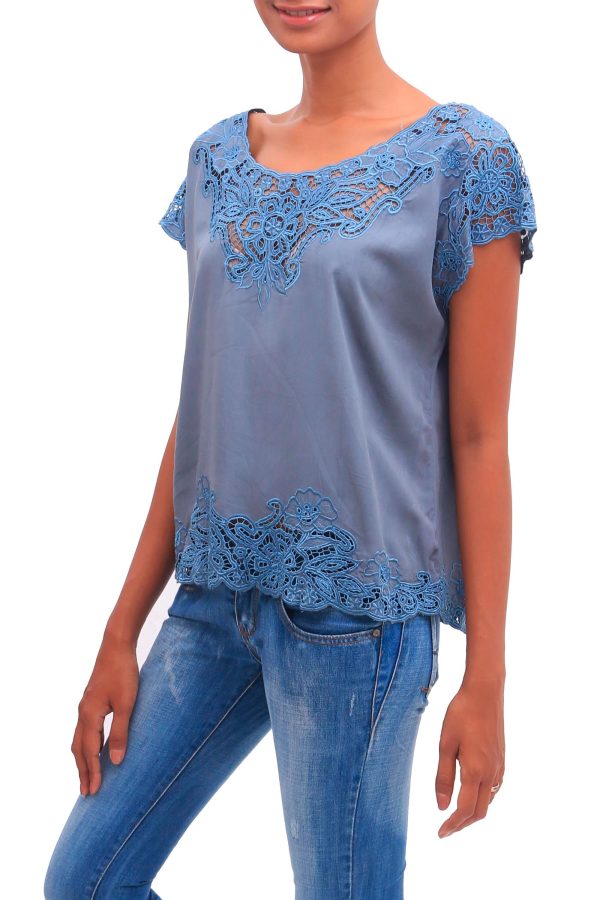 Blue Spruce Kusuma Floral Embroidered Rayon Blouse in Blue from Bali Online