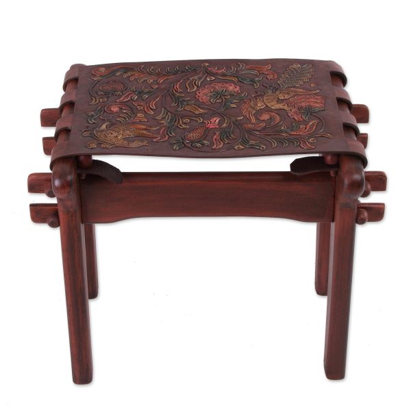 Andean Paradise Birds and Flowers Embossed on Leather and Wood Stool Hot on Sale