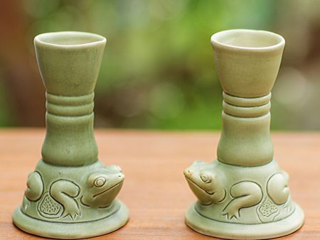 Yoke Frog Green Ceramic Animal Themed Candle Holders (Pair) on Sale