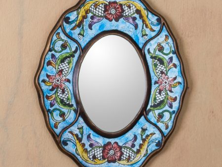 Blue Colonial Wreath Fair Trade Reverse Painted Glass Wall Mirror in Aged Blue For Cheap