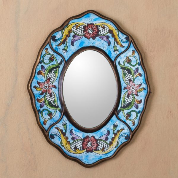 Blue Colonial Wreath Fair Trade Reverse Painted Glass Wall Mirror in Aged Blue For Cheap