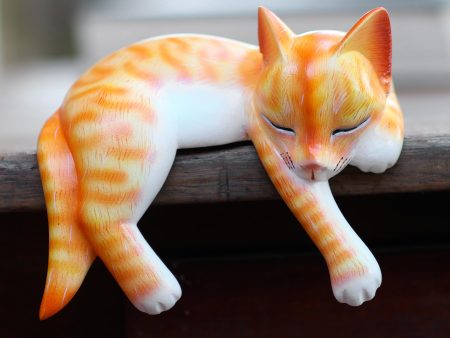 Napping Cat Wood Sleeping Cat Statuette Orange Tabby Hot on Sale