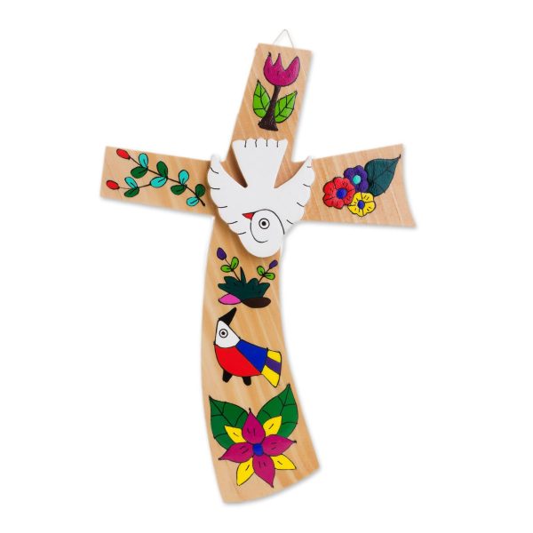 Beauty and Purity Hand-Painted Bird Motif Pinewood Wall Cross from El Salvador Supply