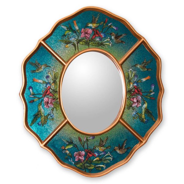 Turquoise Hummingbirds Unique Peruvian Wood Glass Bird Mirror For Cheap