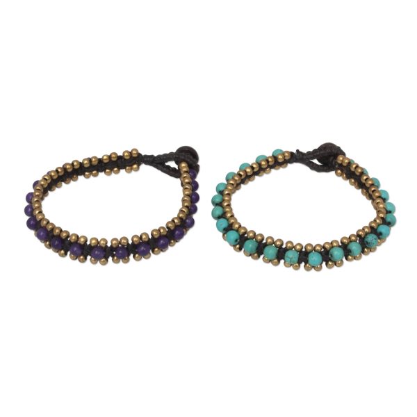 Blue Purple Aryuveda Hand Made Quartz and Resin Beaded Bracelets (Pair) Hot on Sale