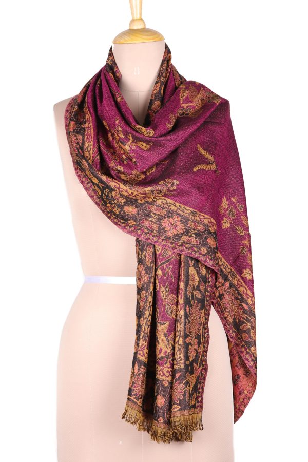 Azalea Garden Floral Motif Jamawar Wool Scarf in Azalea from India For Discount