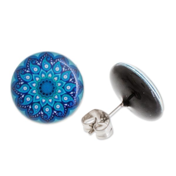 Blue Rivers Resin and Paper Stud Earrings in Blue from Costa Rica For Discount