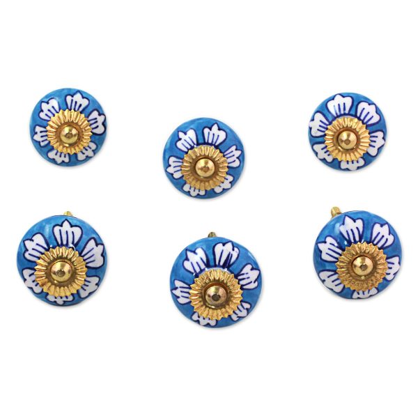 Blue Flowers Ceramic Cabinet Knobs Floral Blue White (Set of 6) India Discount