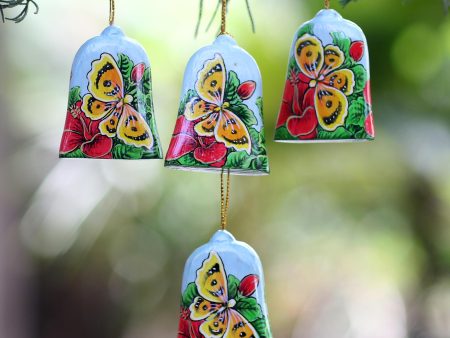 Bells and Butterflies Hand Painted Bell Ornaments with Butterflies (Set of 4) For Sale