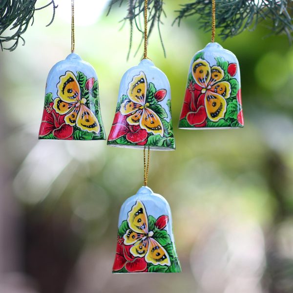 Bells and Butterflies Hand Painted Bell Ornaments with Butterflies (Set of 4) For Sale