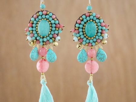 Ballroom Chic in Aqua Pink Quartz Blue Calcite Beaded Oval Tassel Dangle Earrings Online Sale