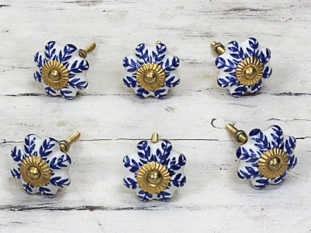 Blue Sunshine Ceramic Cabinet Knobs Floral White Blue (Set of 6) India Hot on Sale