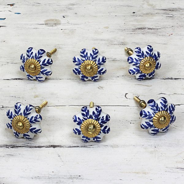 Blue Sunshine Ceramic Cabinet Knobs Floral White Blue (Set of 6) India Hot on Sale