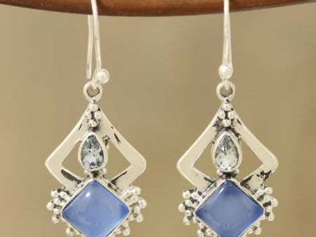 Blue Creativity Chalcedony and Blue Topaz Dangle Earrings from India Online now