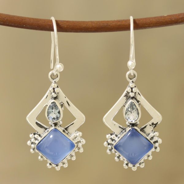 Blue Creativity Chalcedony and Blue Topaz Dangle Earrings from India Online now