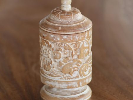 Antique Flower Mahogany Wood Cylindrical Decorative Jar with Floral Motifs For Sale