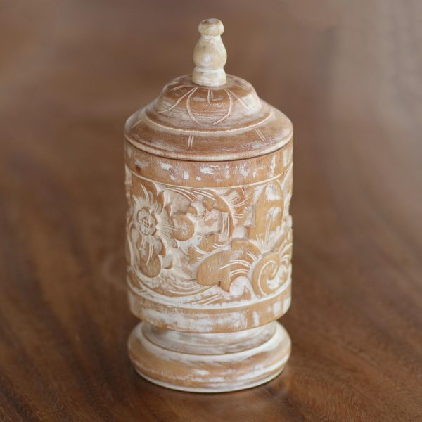 Antique Flower Mahogany Wood Cylindrical Decorative Jar with Floral Motifs For Sale