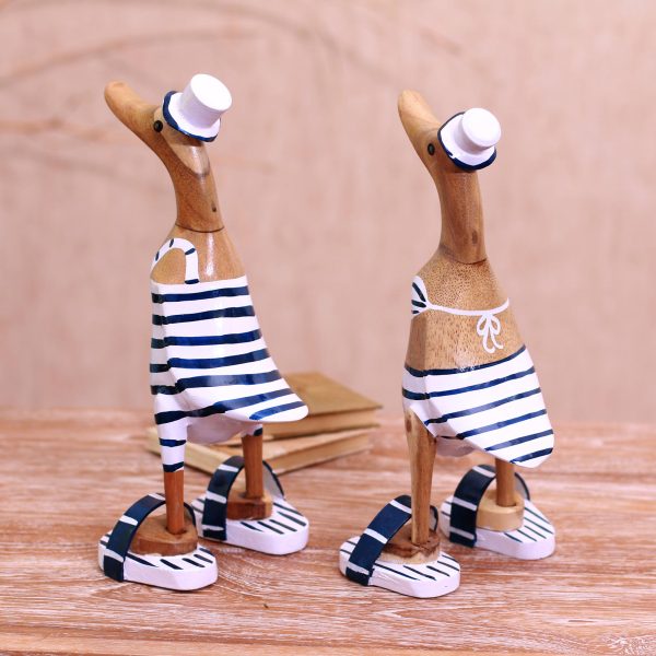 Beachside Ducks Bamboo Root and Wood Duck Beach Goer Sculptures (Pair) For Sale