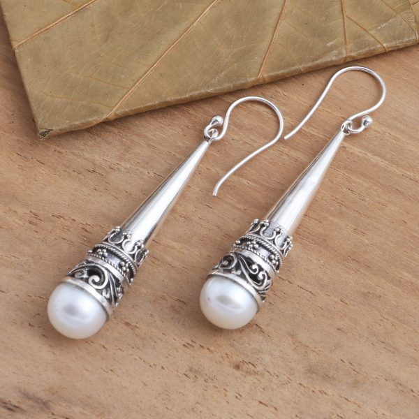 Bali Cornet Sterling Silver Cone Dangle Earrings with Cultured Pearl Discount