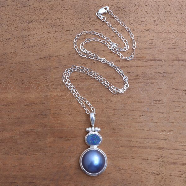 Blue Ocean Dream Modern Sterling Silver and Cultured Pearl Pendant Online now