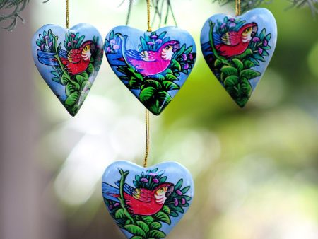 Birds in My Heart 4 Hand Painted Heart Ornaments with Scarlet Macaws Fashion