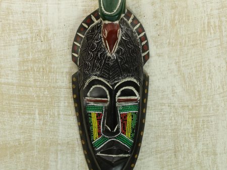 Adom Parrot Recycled Glass Beaded African Wood Parrot Mask from Ghana Online Hot Sale