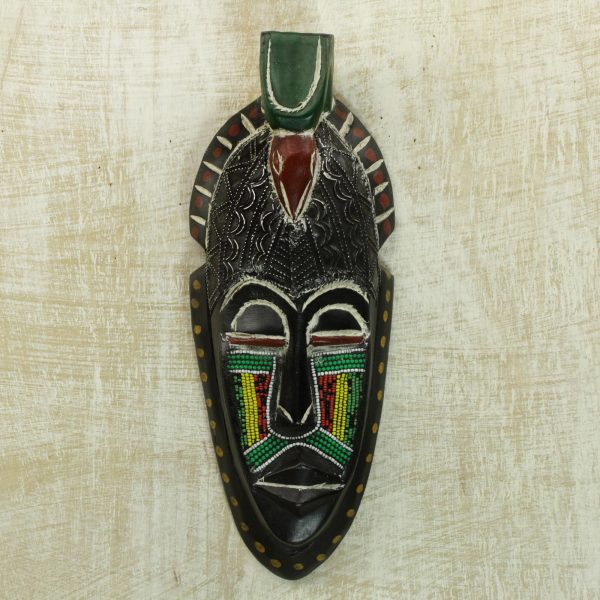 Adom Parrot Recycled Glass Beaded African Wood Parrot Mask from Ghana Online Hot Sale