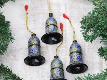 Blue Bloom Papier Mache Bell Ornaments in Blue from India (Set of 4) Cheap