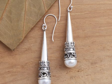 Bali Cornet Sterling Silver Cone Dangle Earrings with Cultured Pearl Discount