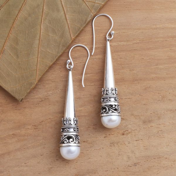 Bali Cornet Sterling Silver Cone Dangle Earrings with Cultured Pearl Discount